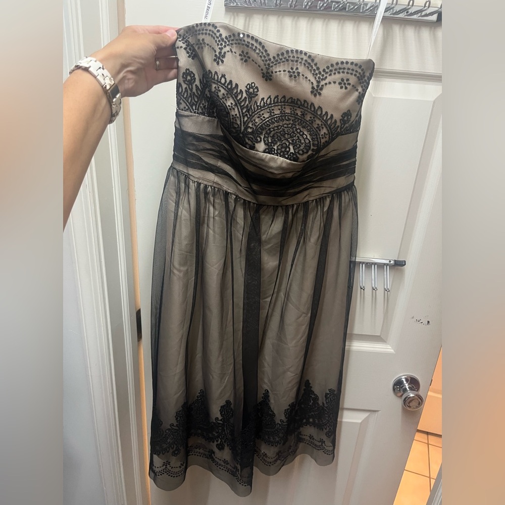 David's Bridal Black Ruched Strapless Babydoll Dress